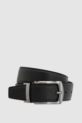 Front product shot of the Oroton Ethan Pebble Reversible Belt in Black/Dark Navy and Premium pebble leather for Men .