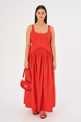 Profile view of model wearing the Oroton Tie Back Sundress in Poppy and 100% cotton for Women . IP:8