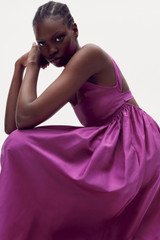 Profile view of model wearing the Oroton Strappy Sundress in Magenta and 100% silk for Women