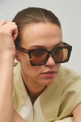 Profile view of model wearing the Oroton Reese Sunglasses in Neo Tort and Bio acetate for Women