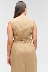 Profile view of model wearing the Oroton Sleeveless Utility Top in Dark Camel and 65% polyester, 35% cotton for Women