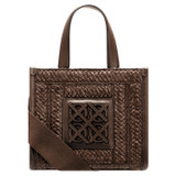 Front product shot of the Oroton Lane Straw Small Tote in Mahogany and Woven straw with leather trims for Women