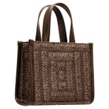 Back product shot of the Oroton Lane Straw Small Tote in Mahogany and Woven straw with leather trims for Women