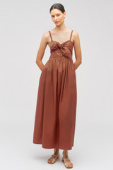 Profile view of model wearing the Oroton Lace Trim Sundress in Wicker and 100% cotton for Women .