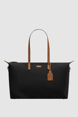 Front product shot of the Oroton Lilly Nylon Weekender Tote in Black/Cognac and Nylon fabric for Women .