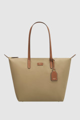 Front product shot of the Oroton Lilly Nylon Light Weight Tote Bag in Mushroom/Cognac and Nylon fabric for Women .