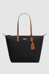 Front product shot of the Oroton Lilly Nylon Light Weight Tote Bag in Black/Cognac and Nylon fabric for Women .
