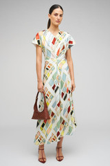 Profile view of model wearing the Oroton Vintage Ribbon Print Dress in Multi and 100% silk fabric for Women .