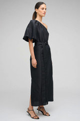 Profile view of model wearing the Oroton One Shoulder Dress in Black and 100% Silk for Women