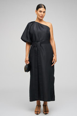 Profile view of model wearing the Oroton One Shoulder Dress in Black and 100% Silk for Women