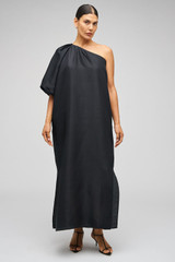 Profile view of model wearing the Oroton One Shoulder Dress in Black and 100% Silk for Women .