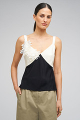 Profile view of model wearing the Oroton Mesh Flower Camisole in Black/Cream and 92% Silk 8% Spandex for Women .