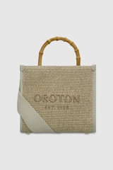 Front product shot of the Oroton Lane Straw Tote in Laurel and Woven Straw With Leather Trim for Women