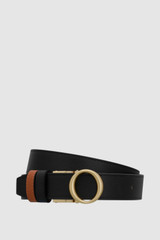 Front product shot of the Oroton Ali Reversible Belt in Brass-Black/Cognac and Premium smooth leather for Women .