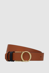 Front product shot of the Oroton Ali Reversible Belt in Brass-Black/Cognac and Premium smooth leather for Women .