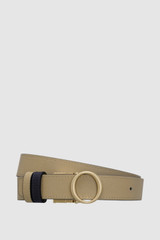 Front product shot of the Oroton Ali Reversible Belt in Brass-Navy/Mushroom and Premium smooth leather for Women .