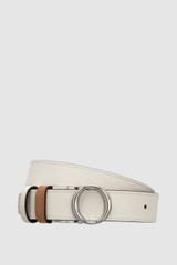 Front product shot of the Oroton Ali Reversible Belt in Silver-Tan/Cream and Premium smooth leather for Women .