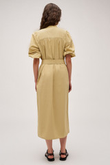 Profile view of model wearing the Oroton Cleo Poplin Dress in Wheat and 100% Cotton Poplin for Women