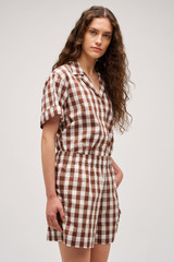 Profile view of model wearing the Oroton Gingham Boxer Short in Chocolate and 100% Cotton for Women .