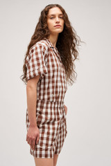 Profile view of model wearing the Oroton Gingham Camp Shirt in Chocolate and 100% Cotton for Women .