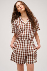 Profile view of model wearing the Oroton Gingham Camp Shirt in Chocolate and 100% Cotton for Women