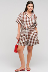 Profile view of model wearing the Oroton Gingham Camp Shirt in Chocolate and 100% Cotton for Women .