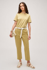 Profile view of model wearing the Oroton Maggie Classic Tee in Wheat and 100% cotton fabric for Women . IP:2