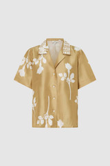 Front product shot of the Oroton Embellished Rosebud Camp Shirt in Camel and 100% Silk Material for Women .