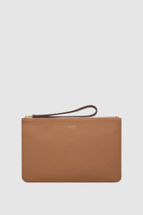 Front product shot of the Oroton Eve Medium Pouch in Tan and Premium pebble leather for Women .