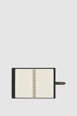 Internal product shot of the Oroton Fife A5 Notebook in Black and Pebble leather material for Women .