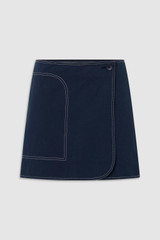 Front product shot of the Oroton Wrap Drill Mini Skirt in North Sea and 100% Cotton for Women .