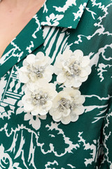 Profile view of model wearing the Oroton Garden Toile Embellished Camp Shirt in Ivy and 100% silk for Women .