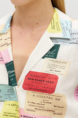Profile view of model wearing the Oroton Invitation Print Camp Shirt in Multi and 100% linen for Women .