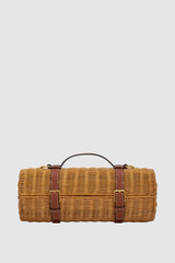 Back product shot of the Oroton Billie Wicker Wine Holder in Brandy and Wicker exterior with leather trims for Women .