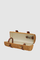 Internal product shot of the Oroton Billie Wicker Wine Holder in Brandy and Wicker exterior with leather trims for Women .