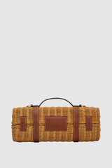 Front product shot of the Oroton Billie Wicker Wine Holder in Brandy and Wicker exterior with leather trims for Women .