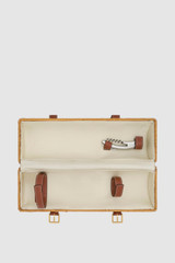 Internal product shot of the Oroton Billie Wicker Wine Holder in Brandy and Wicker exterior with leather trims for Women .