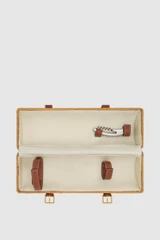 Internal product shot of the Oroton Billie Wicker Wine Holder in Brandy and Wicker exterior with leather trims for Women .