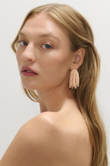 Profile view of model wearing the Oroton Fern Drop Earrings in Pink and Premium brass material for Women . IP:2