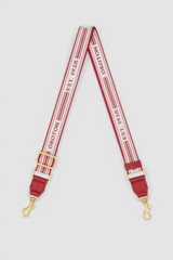 Front product shot of the Oroton Heather Narrow Webbing Strap in Dark Ruby/Cream and 30mm Jacquard Logo Webbing for Women .
