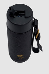 Internal product shot of the Oroton Frank Green X Oroton  595Ml Bottle in Black and Stainless steel water bottle with Oroton pebble leather sleeve and wristlet for Women .