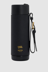 Front product shot of the Oroton Frank Green X Oroton  595Ml Bottle in Black and Stainless steel water bottle with Oroton pebble leather sleeve and wristlet for Women .