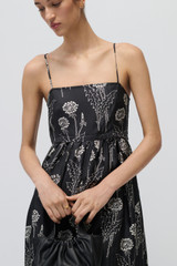 Profile view of model wearing the Oroton Graphic Dandelion Print Sundress in Black and 100% Silk Twill for Women .