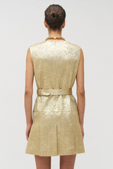 Profile view of model wearing the Oroton Gold Foil Dress in Gold and Premium metallic-blend fabric (57% polyester, 35% metal fibre, 8% polyamide) for Women .