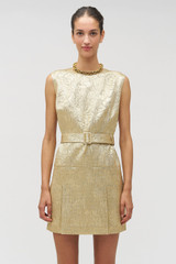Profile view of model wearing the Oroton Gold Foil Dress in Gold and Premium metallic-blend fabric (57% polyester, 35% metal fibre, 8% polyamide) for Women . IP:4
