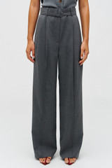 Profile view of model wearing the Oroton Belt Detail Pant in GRAPHITE and 100% wool material for Women .