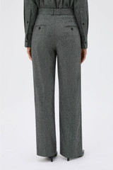 Profile view of model wearing the Oroton Tweed Pleat Pant in CHARCOAL TWEED and Premium blend of 29% polyester, 24% wool, 18% acrylic, 15% silk, 13% viscose, and 1% elastane for Women . IP:6