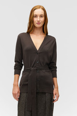 BELTED LONGLINE CARDI - Chocolate |