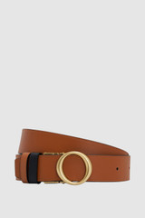 Front product shot of the Oroton Ali Wide Reversible Belt in Black/Cognac and Premium smooth leather for Women .