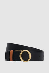 Front product shot of the Oroton Ali Wide Reversible Belt in Black/Cognac and Premium smooth leather for Women .
